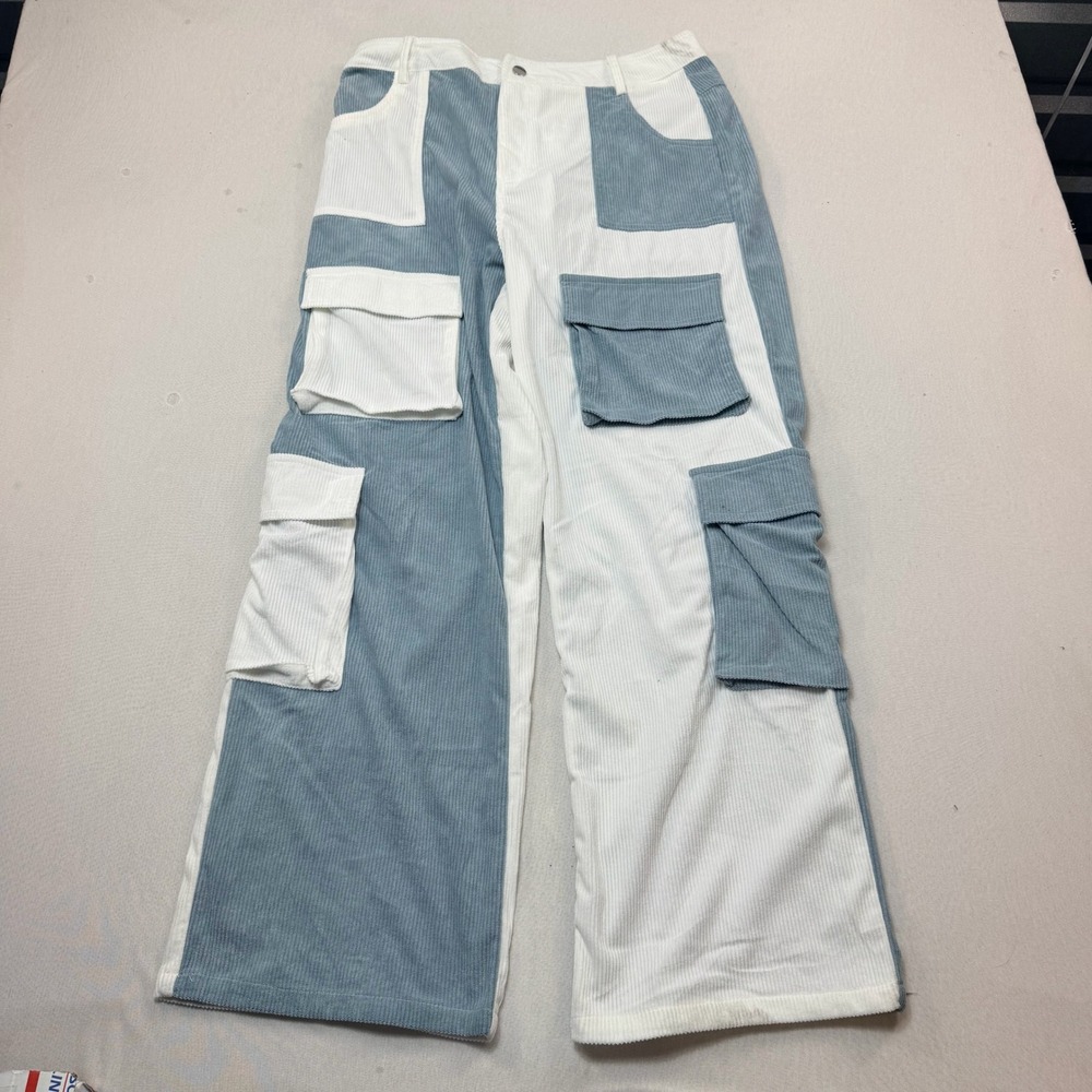 Unbranded Corduroy Cargo Pants Mens XL Blue White Excellent Colorblock Wide Leg